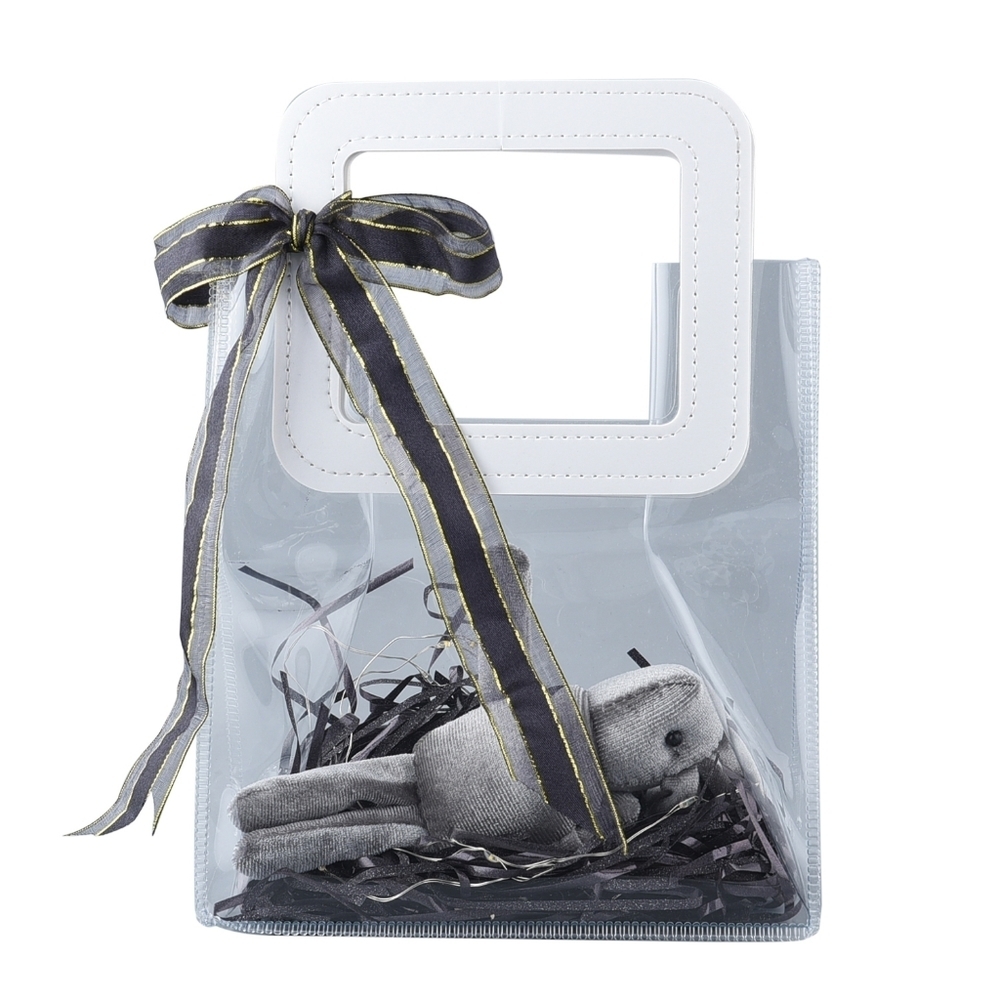 Hand Crafted ✦ Grey Bunny Plush Transparent Gift Tote ✦ Raffia Accent Light Bag